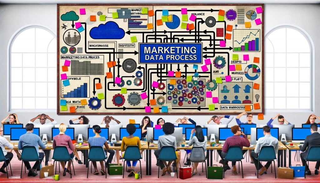 Chaotisches Büro mit verstreuten Tabellen, bunten Post-its, Kaffeetassen und einer beschrifteten Tafel, auf der Marketing Daten Prozesse und digitale Symbole wie Cloud und KI zu sehen sind.