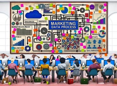 Chaotisches Büro mit verstreuten Tabellen, bunten Post-its, Kaffeetassen und einer beschrifteten Tafel, auf der Marketing Daten Prozesse und digitale Symbole wie Cloud und KI zu sehen sind.