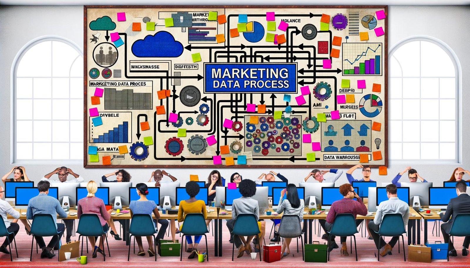 Chaotisches Büro mit verstreuten Tabellen, bunten Post-its, Kaffeetassen und einer beschrifteten Tafel, auf der Marketing Daten Prozesse und digitale Symbole wie Cloud und KI zu sehen sind.