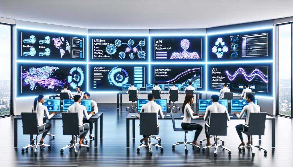Futuristisches Büro mit Marketern an digitalen Dashboards, die Echtzeit-Datenströme, APIs, Automatisierung und SEO-Analysen anzeigen.