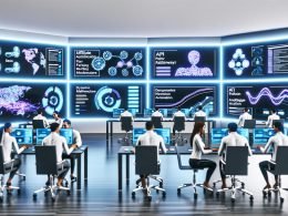 Futuristisches Büro mit Marketern an digitalen Dashboards, die Echtzeit-Datenströme, APIs, Automatisierung und SEO-Analysen anzeigen.