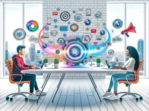 Stilisiertes Titelbild mit zwei Blogger:innen an Laptops, umgeben von digitalen Tools, SEO-Icons, Datenströmen und Symbolen für Reichweite und Kooperation in modernem Office-Setting.