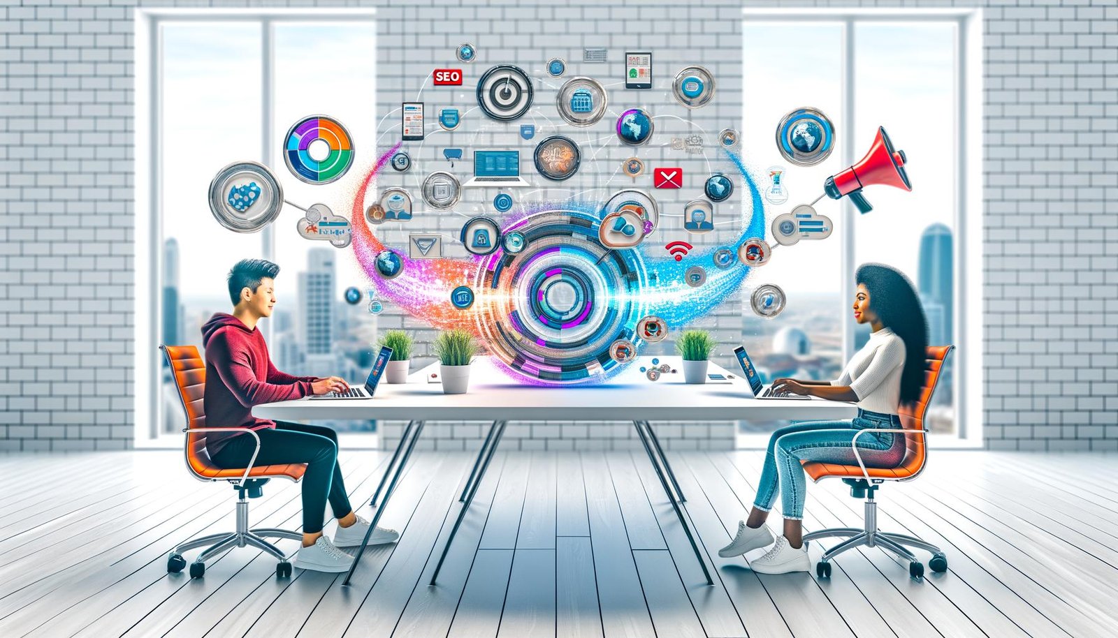 Stilisiertes Titelbild mit zwei Blogger:innen an Laptops, umgeben von digitalen Tools, SEO-Icons, Datenströmen und Symbolen für Reichweite und Kooperation in modernem Office-Setting.
