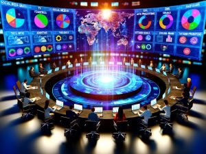 Futuristisch eingerichteter Marketing-Kontrollraum mit digitalen Bildschirmen, die verschiedene Werbekanäle und eine dynamische Customer Journey zeigen. Menschen arbeiten kollaborativ an Laptops und Touchscreens.