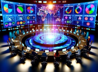 Futuristisch eingerichteter Marketing-Kontrollraum mit digitalen Bildschirmen, die verschiedene Werbekanäle und eine dynamische Customer Journey zeigen. Menschen arbeiten kollaborativ an Laptops und Touchscreens.