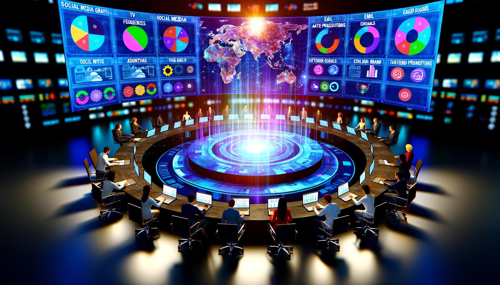 Futuristisch eingerichteter Marketing-Kontrollraum mit digitalen Bildschirmen, die verschiedene Werbekanäle und eine dynamische Customer Journey zeigen. Menschen arbeiten kollaborativ an Laptops und Touchscreens.