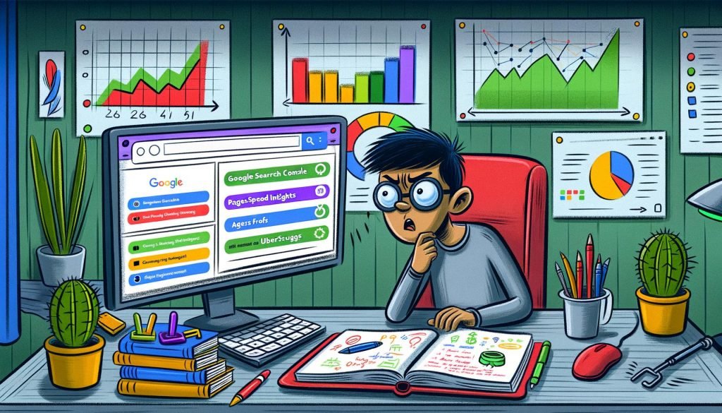 Illustration eines modernen Home-Office-Desktops mit geöffneten SEO-Tools wie Google Search Console, PageSpeed Insights, Screaming Frog, Ahrefs und Ubersuggest, daneben ein kritischer Marketer und zahlreiche Diagramme.