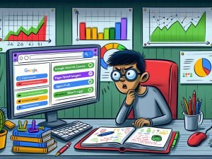 Illustration eines modernen Home-Office-Desktops mit geöffneten SEO-Tools wie Google Search Console, PageSpeed Insights, Screaming Frog, Ahrefs und Ubersuggest, daneben ein kritischer Marketer und zahlreiche Diagramme.