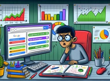 Illustration eines modernen Home-Office-Desktops mit geöffneten SEO-Tools wie Google Search Console, PageSpeed Insights, Screaming Frog, Ahrefs und Ubersuggest, daneben ein kritischer Marketer und zahlreiche Diagramme.