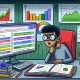 Illustration eines modernen Home-Office-Desktops mit geöffneten SEO-Tools wie Google Search Console, PageSpeed Insights, Screaming Frog, Ahrefs und Ubersuggest, daneben ein kritischer Marketer und zahlreiche Diagramme.