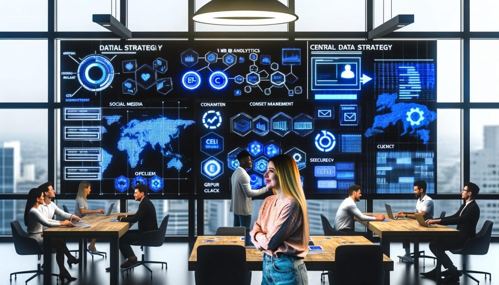 Marketing-Team diskutiert vor großem Data Dashboard mit verschiedenen Datenquellen und Whiteboards in einem offenen, modernen Büro.