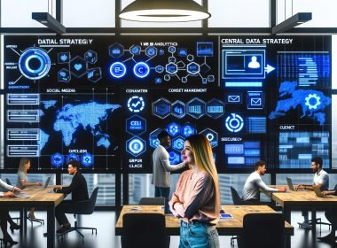 Marketing-Team diskutiert vor großem Data Dashboard mit verschiedenen Datenquellen und Whiteboards in einem offenen, modernen Büro.
