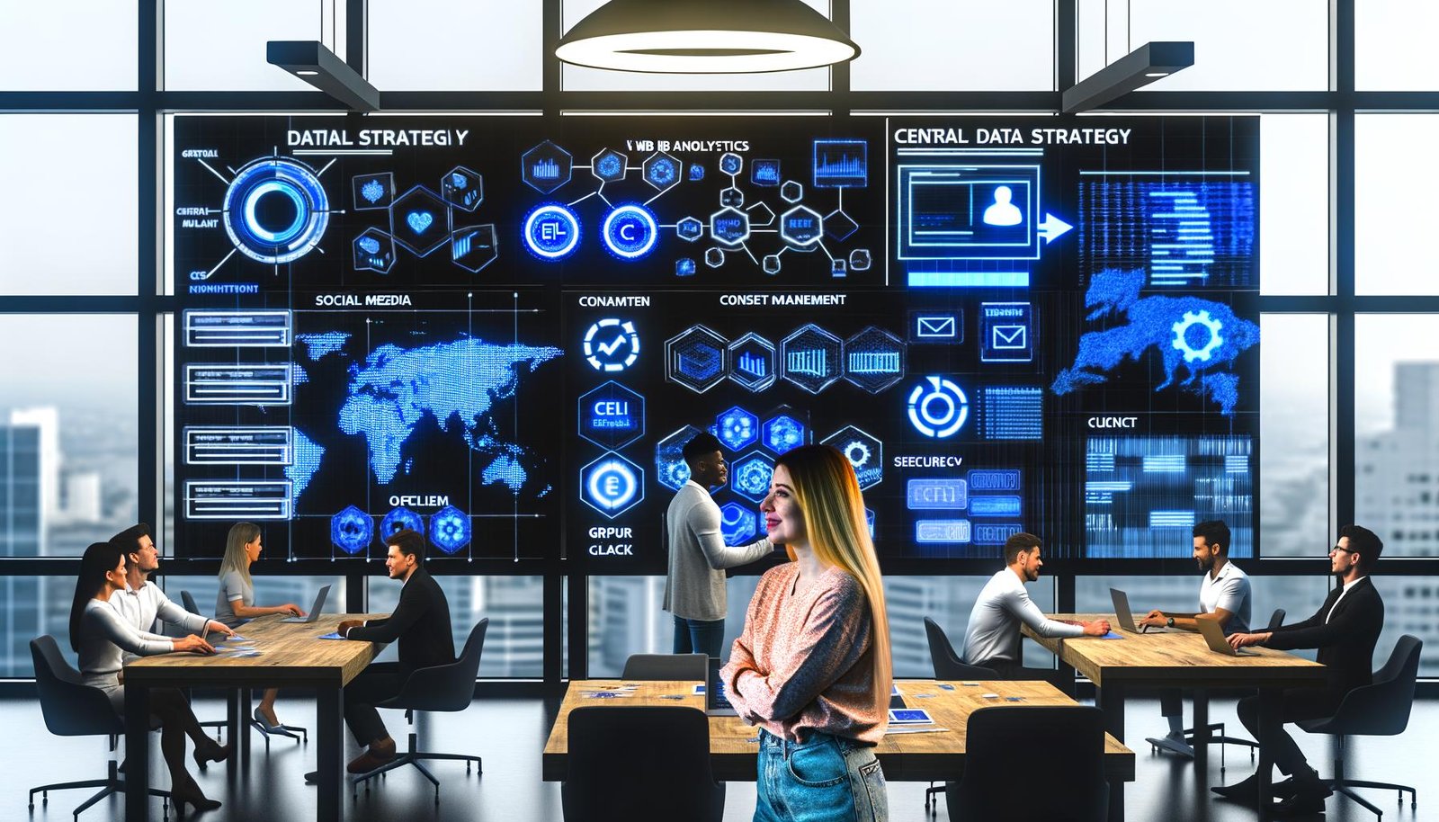 Marketing-Team diskutiert vor großem Data Dashboard mit verschiedenen Datenquellen und Whiteboards in einem offenen, modernen Büro.