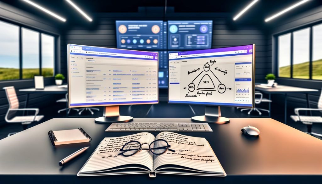 Modernes Büro mit Bildschirmen voller SEO-Statistiken, Conversion-Heatmaps, CMS-Backend, aufgeschlagenem Notizbuch und Affiliate-Content-Layout mit Vergleichstabelle und Trust-Siegeln.