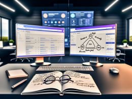 Modernes Büro mit Bildschirmen voller SEO-Statistiken, Conversion-Heatmaps, CMS-Backend, aufgeschlagenem Notizbuch und Affiliate-Content-Layout mit Vergleichstabelle und Trust-Siegeln.