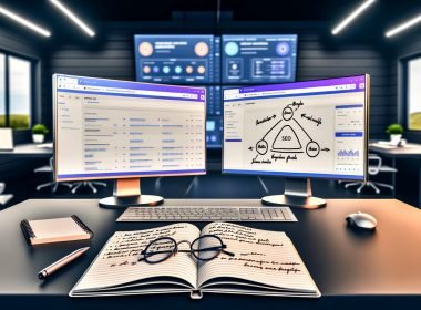 Modernes Büro mit Bildschirmen voller SEO-Statistiken, Conversion-Heatmaps, CMS-Backend, aufgeschlagenem Notizbuch und Affiliate-Content-Layout mit Vergleichstabelle und Trust-Siegeln.