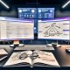 Modernes Büro mit Bildschirmen voller SEO-Statistiken, Conversion-Heatmaps, CMS-Backend, aufgeschlagenem Notizbuch und Affiliate-Content-Layout mit Vergleichstabelle und Trust-Siegeln.