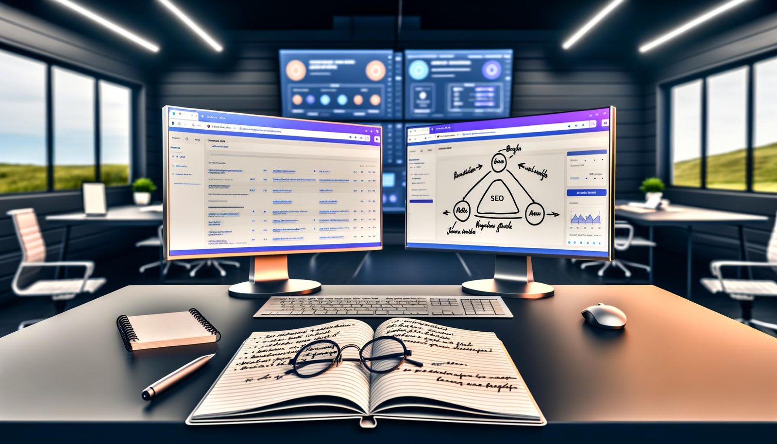 Modernes Büro mit Bildschirmen voller SEO-Statistiken, Conversion-Heatmaps, CMS-Backend, aufgeschlagenem Notizbuch und Affiliate-Content-Layout mit Vergleichstabelle und Trust-Siegeln.