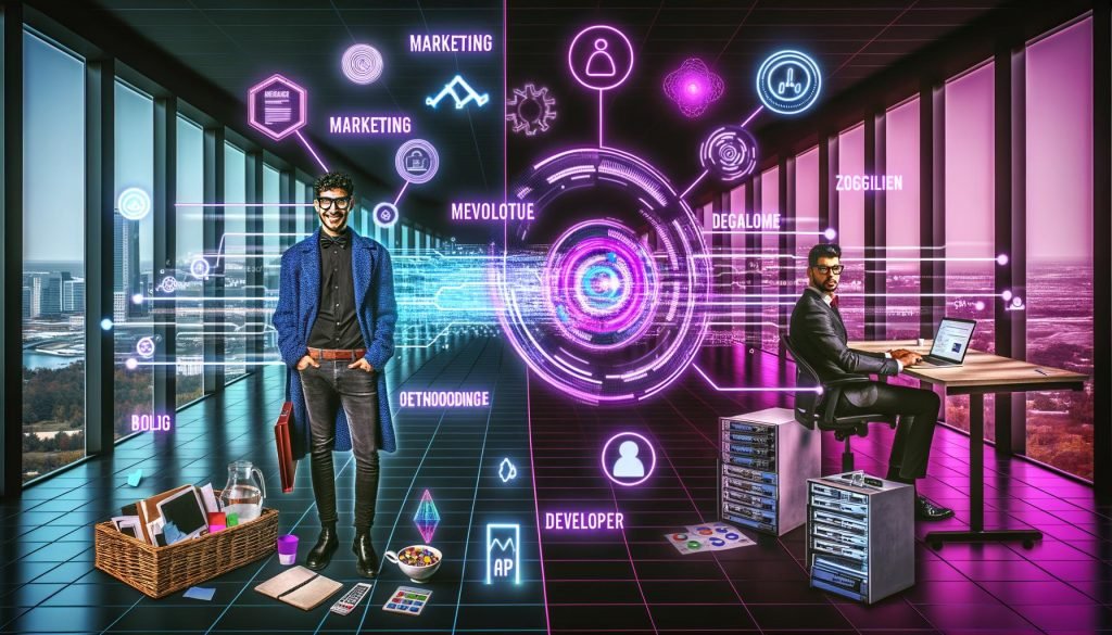 Futuristisches Büro mit trendigem Marketer, Entwickler vor Code und Servern, verbunden durch digitale Schnittstellen, Datenströme und Neonakzente.