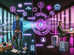 Futuristisches Büro mit trendigem Marketer, Entwickler vor Code und Servern, verbunden durch digitale Schnittstellen, Datenströme und Neonakzente.