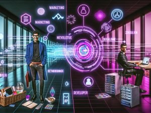 Futuristisches Büro mit trendigem Marketer, Entwickler vor Code und Servern, verbunden durch digitale Schnittstellen, Datenströme und Neonakzente.
