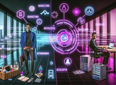Futuristisches Büro mit trendigem Marketer, Entwickler vor Code und Servern, verbunden durch digitale Schnittstellen, Datenströme und Neonakzente.