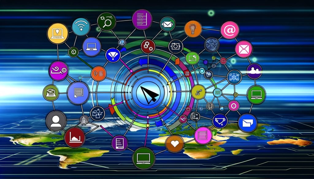 Abstrakte Infografik zur Customer Journey mit verbundenen, bunten Marketingkanälen, digitalen Tools und Datenströmen auf futuristischem Hintergrund