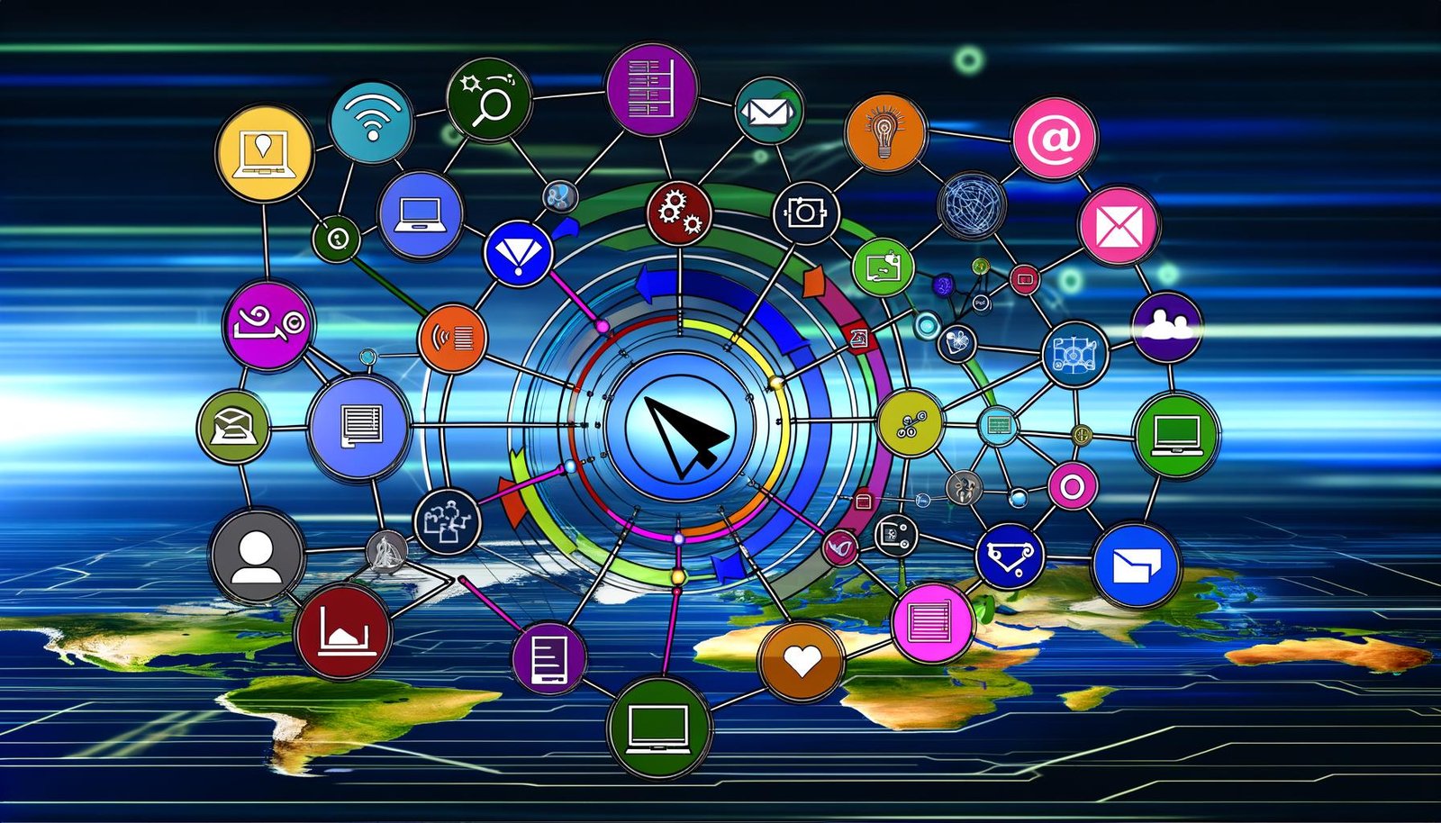 Abstrakte Infografik zur Customer Journey mit verbundenen, bunten Marketingkanälen, digitalen Tools und Datenströmen auf futuristischem Hintergrund