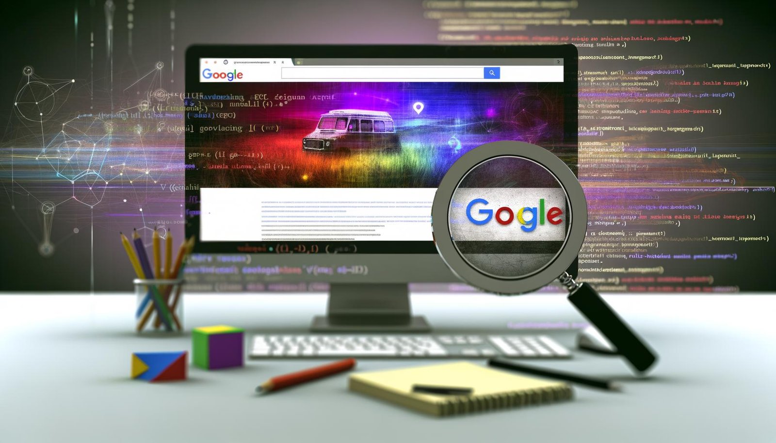 Computer-Bildschirm mit leuchtenden, individuellen Bildern, umgeben von technischen Notizen, Stift und Symbolen für Bildsuche. Dezente Hinweise auf Web-Code und moderne Bildformate, Stockfoto im Hintergrund.