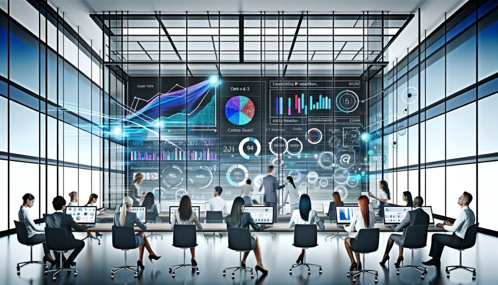 Team von Kreativ- und Marketingexperten analysiert gemeinsam in einem modernen Büro mit Glaswänden und großen Dashboards Echtzeit-Marketingdaten und Visualisierungen.