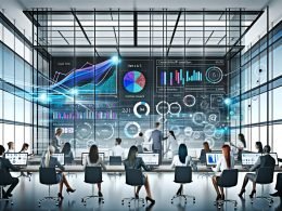Team von Kreativ- und Marketingexperten analysiert gemeinsam in einem modernen Büro mit Glaswänden und großen Dashboards Echtzeit-Marketingdaten und Visualisierungen.