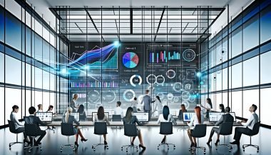 Team von Kreativ- und Marketingexperten analysiert gemeinsam in einem modernen Büro mit Glaswänden und großen Dashboards Echtzeit-Marketingdaten und Visualisierungen.