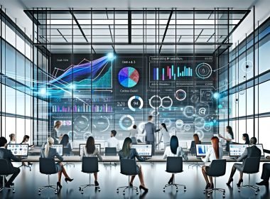 Team von Kreativ- und Marketingexperten analysiert gemeinsam in einem modernen Büro mit Glaswänden und großen Dashboards Echtzeit-Marketingdaten und Visualisierungen.