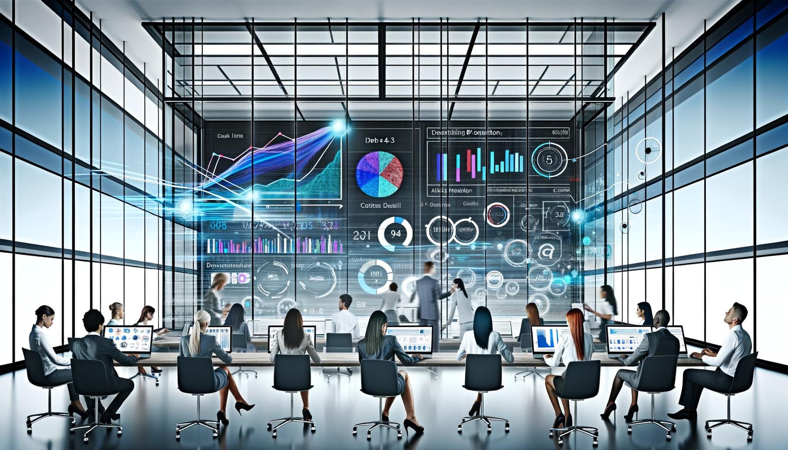 Team von Kreativ- und Marketingexperten analysiert gemeinsam in einem modernen Büro mit Glaswänden und großen Dashboards Echtzeit-Marketingdaten und Visualisierungen.
