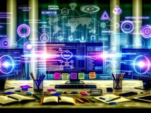 Moderner Schreibtisch mit mehreren Monitoren, digitalen Diagrammen, SEO-Grafiken und Notizzetteln; umgeben von bunten Symbolen wie Trust-Siegeln und Conversion-Icons. Im Licht hervorgehobener Arbeitsplatz vor verblassenden Konkurrenzseiten.