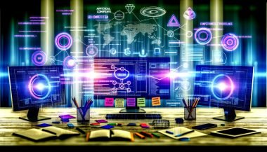 Moderner Schreibtisch mit mehreren Monitoren, digitalen Diagrammen, SEO-Grafiken und Notizzetteln; umgeben von bunten Symbolen wie Trust-Siegeln und Conversion-Icons. Im Licht hervorgehobener Arbeitsplatz vor verblassenden Konkurrenzseiten.
