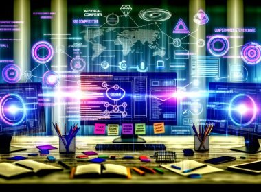 Moderner Schreibtisch mit mehreren Monitoren, digitalen Diagrammen, SEO-Grafiken und Notizzetteln; umgeben von bunten Symbolen wie Trust-Siegeln und Conversion-Icons. Im Licht hervorgehobener Arbeitsplatz vor verblassenden Konkurrenzseiten.