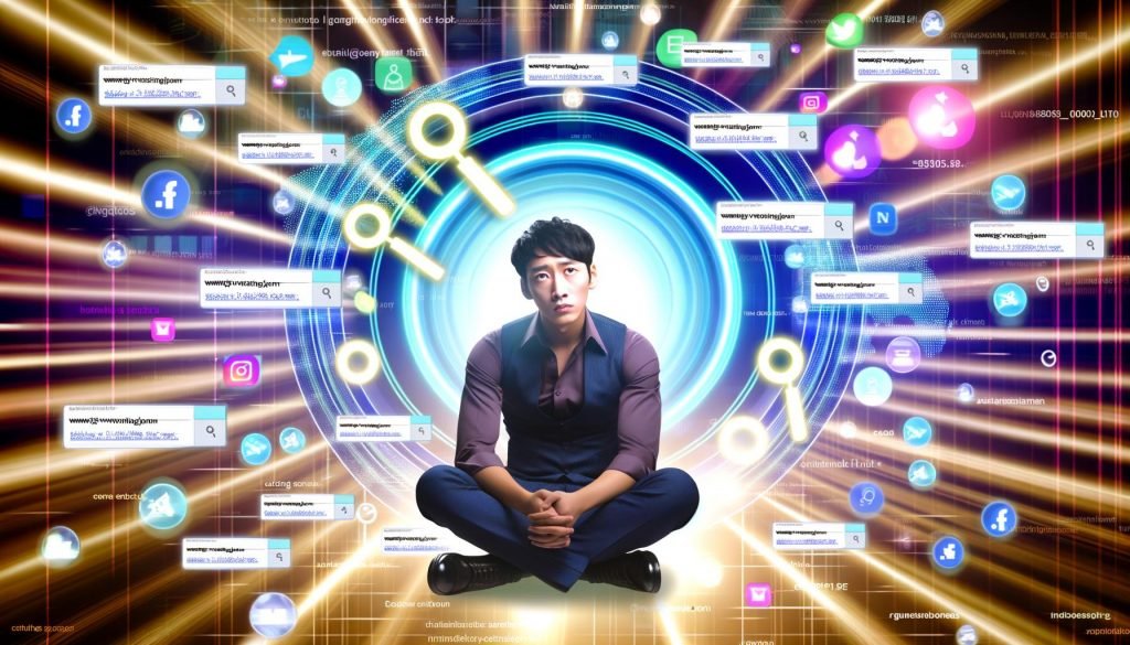 Illustration eines stilisierten, allein sitzenden koreanischen Schauspielers auf einem Filmset, umgeben von Vergrößerungsgläsern, Social-Media-Symbolen und Suchleisten zu Gerüchten über Park Seo Joon.