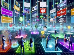 Menschen mit VR-Brillen in einer futuristischen digitalen Marketingumgebung mit holografischen Werbeanzeigen und interaktiven 3D-Elementen
