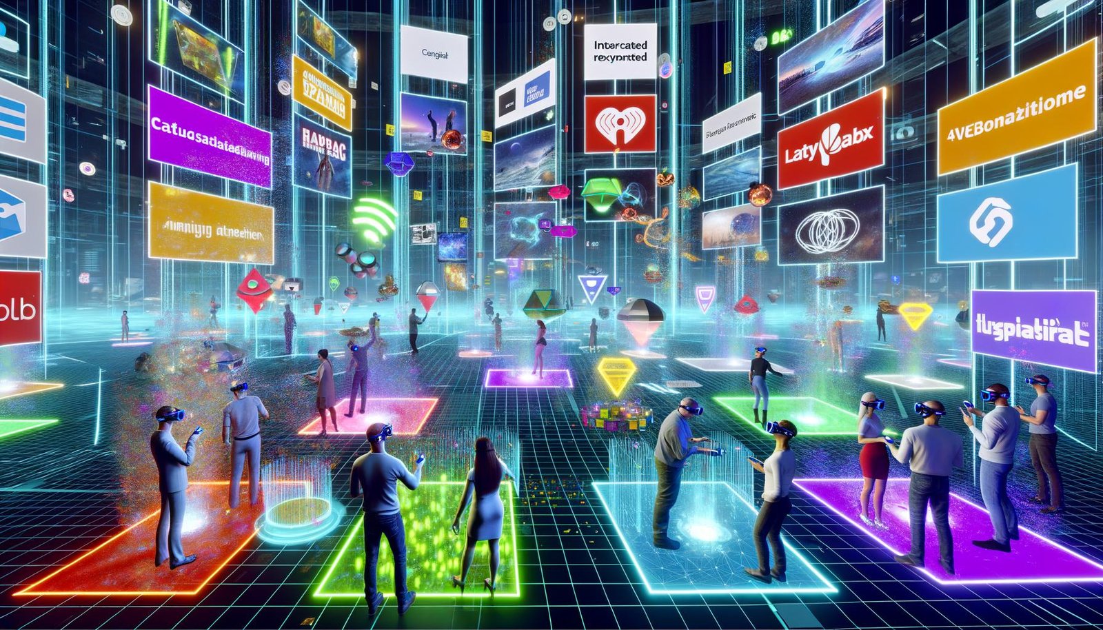 Menschen mit VR-Brillen in einer futuristischen digitalen Marketingumgebung mit holografischen Werbeanzeigen und interaktiven 3D-Elementen
