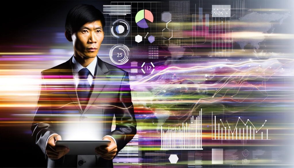 Marketing-Experte mit Tablet steht vor digitalen Dashboards und bunten Datenströmen, die strategische, datenbasierte Marketingentscheidungen darstellen.