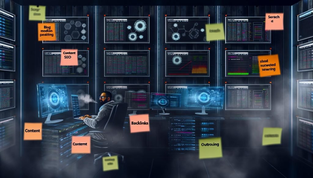 Magazincover mit abstrakter, futuristischer SEO-Maschine, Zahnrädern, Datenströmen, Webseitenwireframes und Charts in Schwarz, Blau, Grün und Silber.