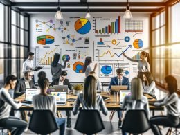 Marketingprofis verschiedener Herkunft arbeiten im modernen Büro an Schreibtisch mit Laptops, analysieren Dashboards und Diagramme, während jemand auf ein wachsendes Diagramm zeigt.