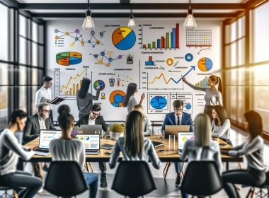 Marketingprofis verschiedener Herkunft arbeiten im modernen Büro an Schreibtisch mit Laptops, analysieren Dashboards und Diagramme, während jemand auf ein wachsendes Diagramm zeigt.