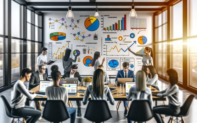 Marketingprofis verschiedener Herkunft arbeiten im modernen Büro an Schreibtisch mit Laptops, analysieren Dashboards und Diagramme, während jemand auf ein wachsendes Diagramm zeigt.
