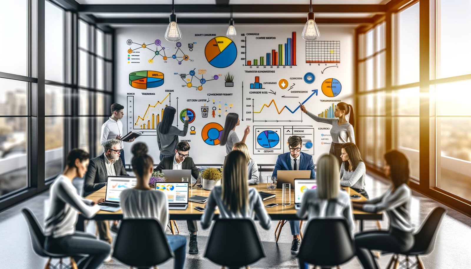 Marketingprofis verschiedener Herkunft arbeiten im modernen Büro an Schreibtisch mit Laptops, analysieren Dashboards und Diagramme, während jemand auf ein wachsendes Diagramm zeigt.