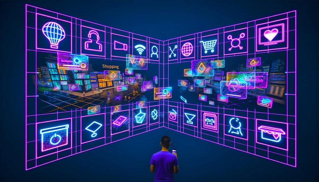 Futuristische Werbelandschaft mit Yahoo Gemini Ads: Holografische Anzeigen schweben in urbaner und virtueller Umgebung, Menschen interagieren mit AR-Brillen und Smartphones; Infografik, technische Architektur, Security-Visualisierung und Metaverse-Szenen geben Einblicke in moderne Werbetechnologien.