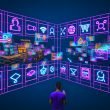 Futuristische Werbelandschaft mit Yahoo Gemini Ads: Holografische Anzeigen schweben in urbaner und virtueller Umgebung, Menschen interagieren mit AR-Brillen und Smartphones; Infografik, technische Architektur, Security-Visualisierung und Metaverse-Szenen geben Einblicke in moderne Werbetechnologien.