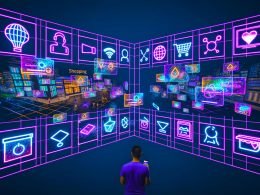 Futuristische Werbelandschaft mit Yahoo Gemini Ads: Holografische Anzeigen schweben in urbaner und virtueller Umgebung, Menschen interagieren mit AR-Brillen und Smartphones; Infografik, technische Architektur, Security-Visualisierung und Metaverse-Szenen geben Einblicke in moderne Werbetechnologien.