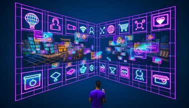 Futuristische Werbelandschaft mit Yahoo Gemini Ads: Holografische Anzeigen schweben in urbaner und virtueller Umgebung, Menschen interagieren mit AR-Brillen und Smartphones; Infografik, technische Architektur, Security-Visualisierung und Metaverse-Szenen geben Einblicke in moderne Werbetechnologien.